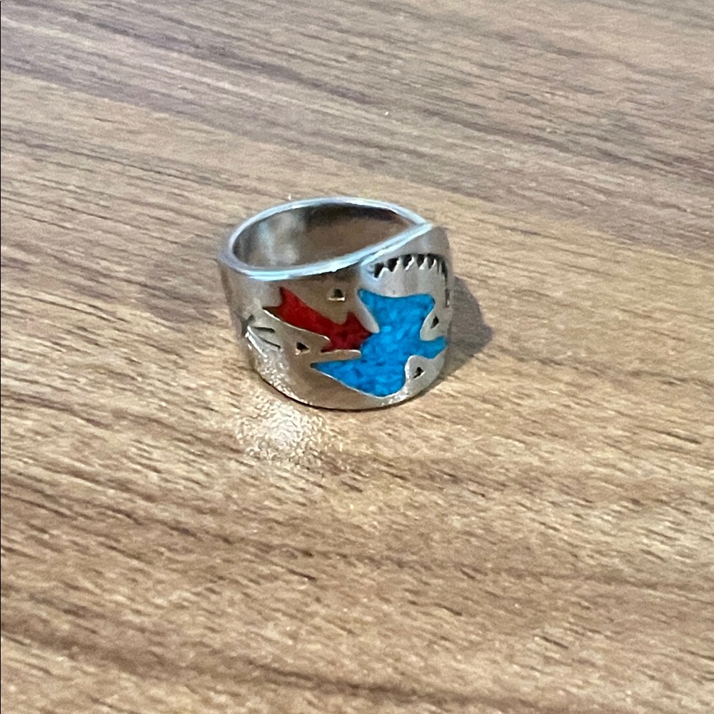 Silver Ring with Red and Turquoise   Design